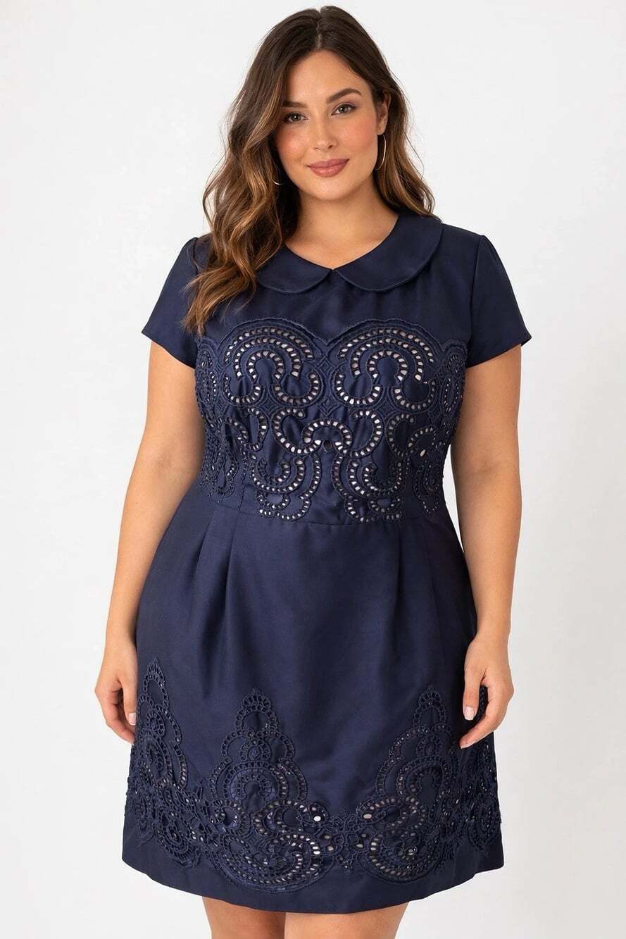 Chi Chi London Navy Eyelet 60s Pin Up Dress Peter Pan Collar Knee Length